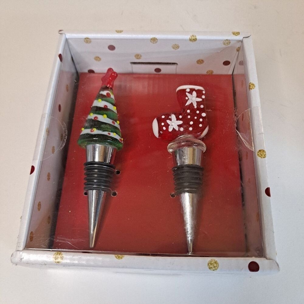 Boston Warehouse Christmas Wine Bottle Stoppers Art Glass Stocking & Tree